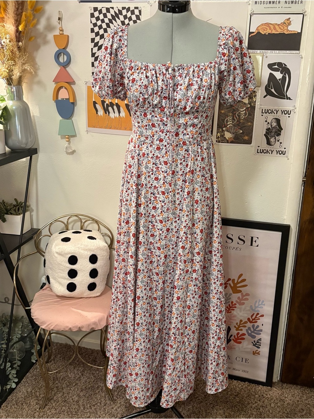 Floral Cottagecore Puff Sleeve Midi Dress Size Medium